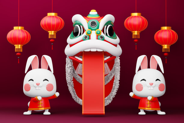 2023年农历新年快乐，兔年，3d渲染图片下载