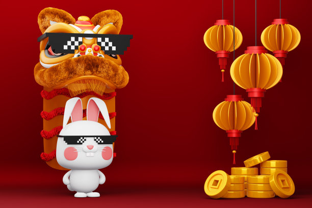 2023年农历新年快乐，兔年，3d渲染图片下载