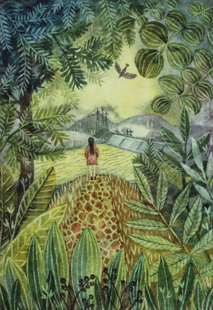 水彩景观与夏天的森林，河流和女孩。手绘创意背景素描簿卡。有树、草、浆果、山和鸟的自然户外风景。墙纸卡片艺术图片下载