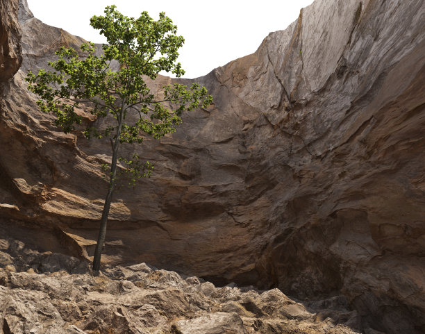 3D渲染岩石悬崖与树和草在白色背景图片下载