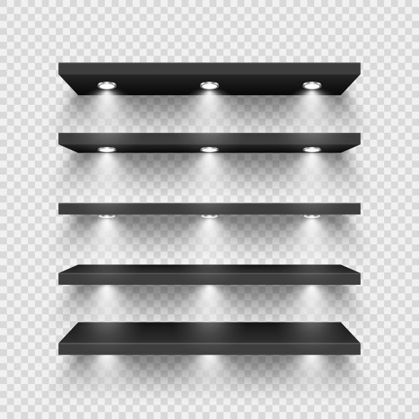 逼真的黑色商店货架与照明，聚光灯。空的产品货架，杂货墙货架。商场和超市家具，书架。现代室内设计元素。矢量图图片下载
