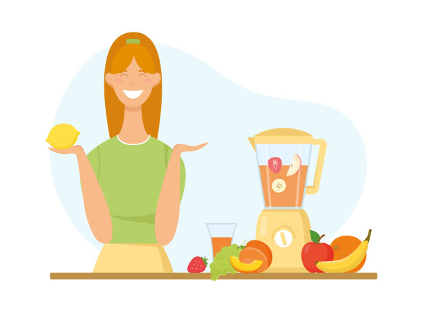 年轻女子用搅拌器做水果鸡尾酒或冰沙。健康食品的概念。向量图片下载