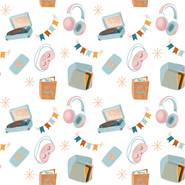 爱好和生活方式无缝模式(转盘，耳机，唱片)，白色背景插图图片下载