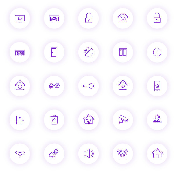 紫色智能家居轮廓图标，浅色圆形按钮，带紫色阴影。适用于Web、移动应用、UI设计和印刷的智能家居图标集图片下载