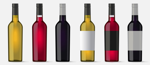 葡萄酒红白玫瑰瓶孤立在白色背景矢量三维图像剪贴画，葡萄酒精与空白不干胶标签模板模型逼真设置，模拟现代设计图片下载
