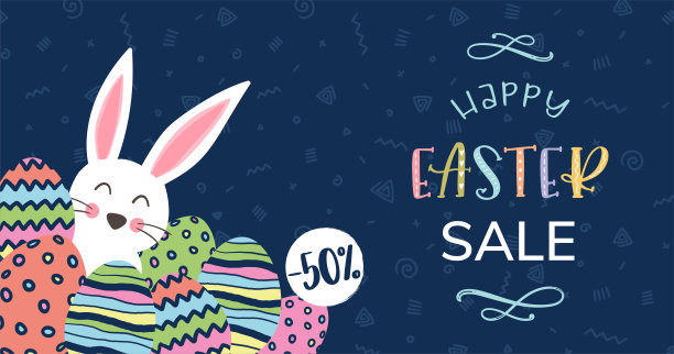 可爱的手绘复活节销售设计与兔子，鲜花，复活节彩蛋，美丽的背景，伟大的复活节广告，横幅，壁纸-矢量设计图片下载