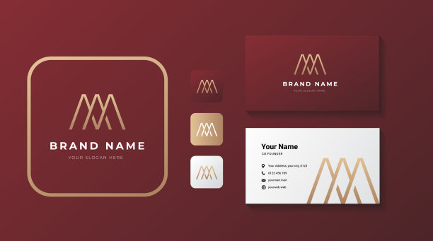 优质字母AM标志与金色设计。奢侈品矢量标志与名片模板。图片下载