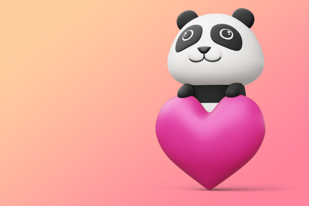 可爱的熊猫心，可爱的动物，3d渲染图片下载