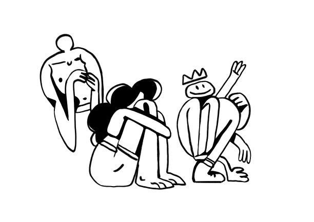 奇形怪状的孩子跪着坐着，双手垂下，纹身和墨水设计。可爱的黑白插图。画的图片下载