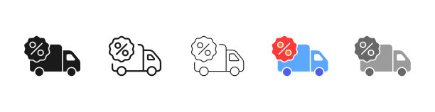 带百分号线的小型货车图标：物流、卡车、折扣、快递、包裹运输概念矢量图图片下载