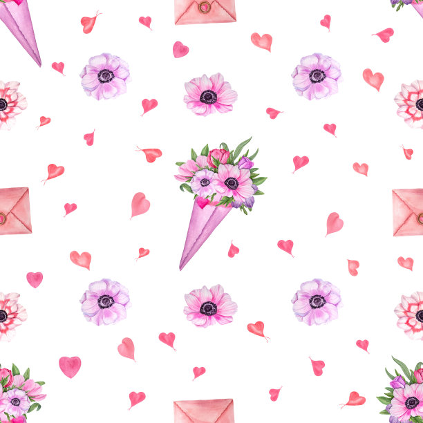 水彩无缝图案的浪漫装饰元素孤立在白色背景上。用于明信片，海报，剪贴簿，邀请，背景，印刷品，墙纸，织物，纺织品，包装。图片下载