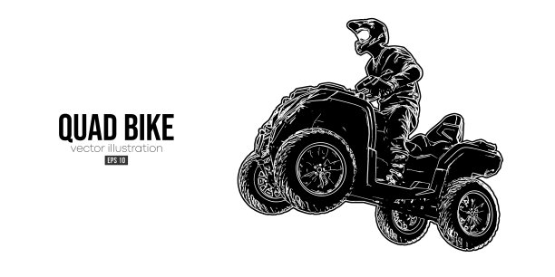 一个亚视四轴自行车的抽象剪影，全地形车辆，孤立的白色背景。骑手跳上四轮自行车。矢量图图片下载