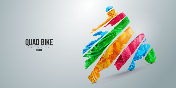 一个亚视四轴自行车的抽象剪影，全地形车辆，孤立的白色背景。骑手跳上四轮自行车。矢量图图片下载