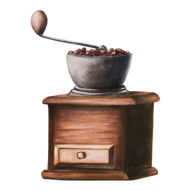 木制咖啡研磨机的水彩插图。手绘在白色孤立的背景。为设计师，菜单，商店，酒吧，小酒馆，餐厅，明信片，包装纸，封面。海报及纺织品图片下载