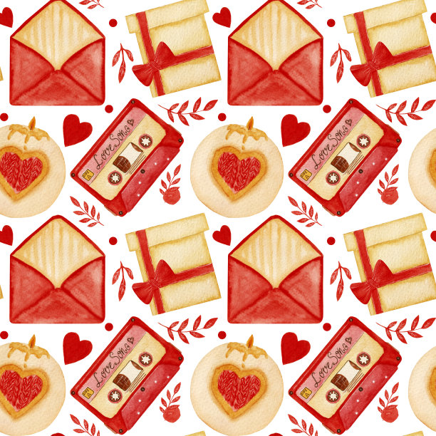 水彩图案，信封，礼物，卡带，红叶和简单的心在白色背景。图片下载