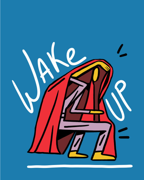 有趣的醒来，被子下的家伙还没有准备好迎接蓝色背景，街头艺术和80年代的涂鸦。创意水粉画与深的颜色。墙面艺术绘画图片下载