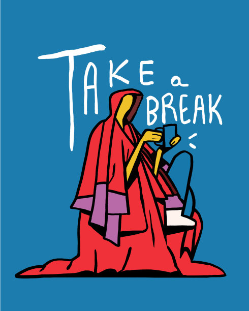 搞笑的人装在大被子和浴袍上还没睡醒，他手里拿着杯子，涂鸦和t-shit设计。水粉画唯美，色彩和谐。图片下载