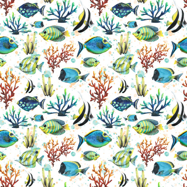 明亮的，热带鱼，珊瑚，海绵。水彩插图。无缝模式。用于装饰和织物设计。纺织品，壁纸，包装纸，沙滩和夏季服装配件图片下载