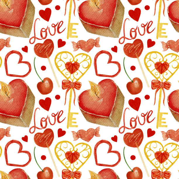 水彩图案，白色背景上有蜡烛、钥匙、糖果和简单的心形。图片下载