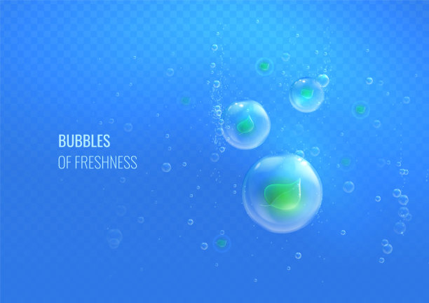 轻泡效果清新洁净。水下空气流动与薄荷叶是一个图形元素薄荷草药香气和清爽泡腾的味道。矢量图图片下载