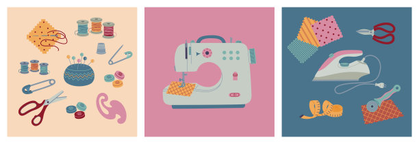 一套不同的缝纫工具和用具。裁缝，针线活和女裁缝的元素。图片下载