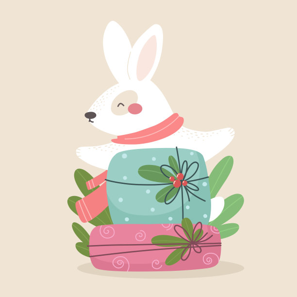 可爱的兔子带礼物，幼稚可爱的动物印花。矢量插图。图片下载