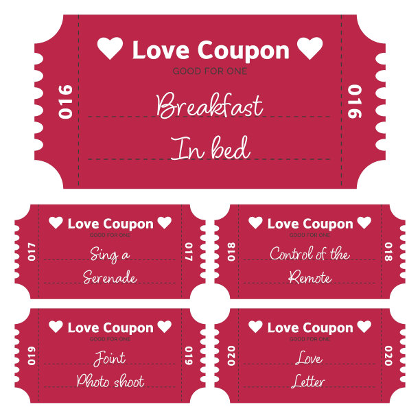 情人优惠券。情人节的票。一套爱心优惠券，上面有祝福和数字图片下载