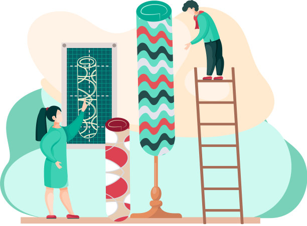 男人们正在设计新地毯，选择尺寸和图案。地毯概念制造图片下载