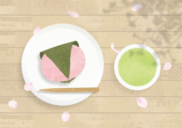 樱花年糕和日本绿茶春天水彩画图片下载