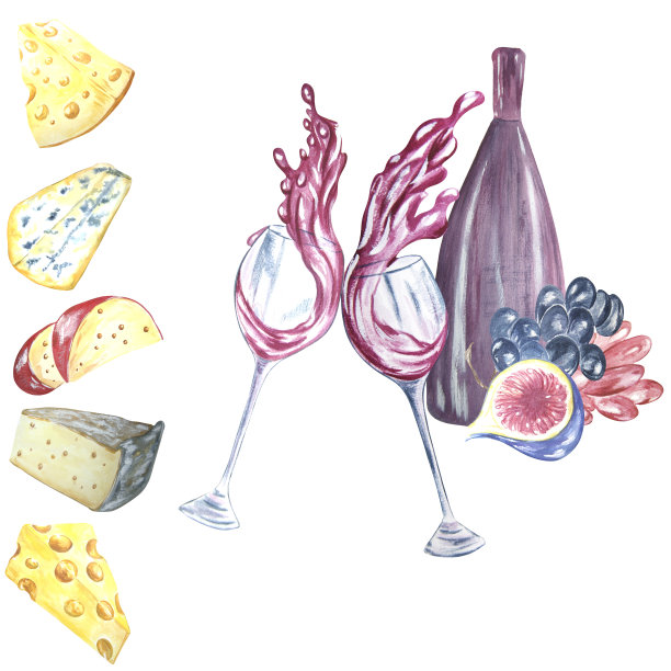 水彩构图与奶酪，葡萄，无花果和酒杯在白色背景。栅格可以用作项目，商品，明信片，商标的元素。图片下载