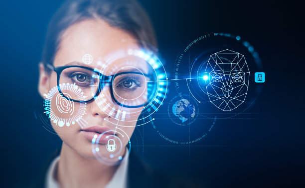 女商人和生物特征扫描，数字全息面部检测图片下载