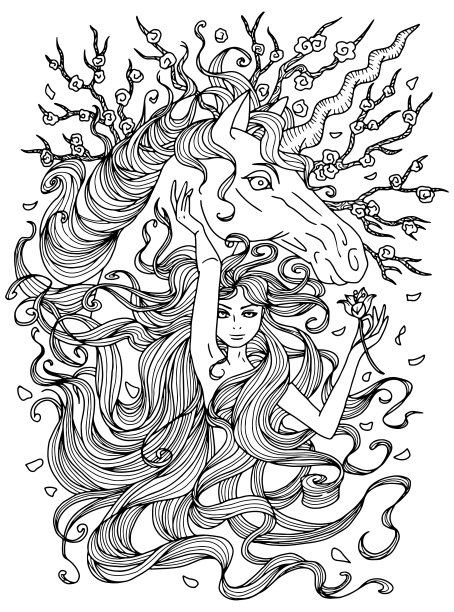 幻想线艺术插图与美丽的公主女孩和独角兽着色。图片下载