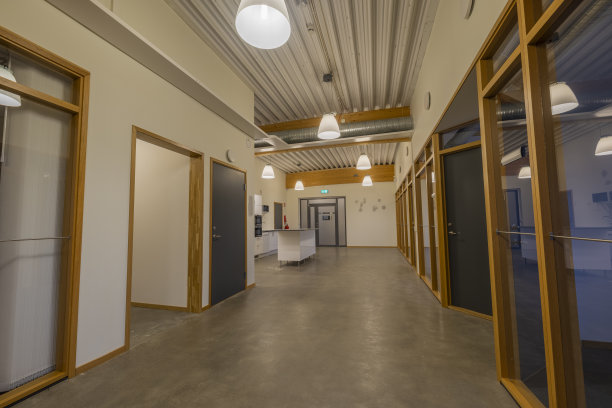 漂亮的大厅在现代建筑与几个独立的办公室。经营理念。瑞典。图片下载