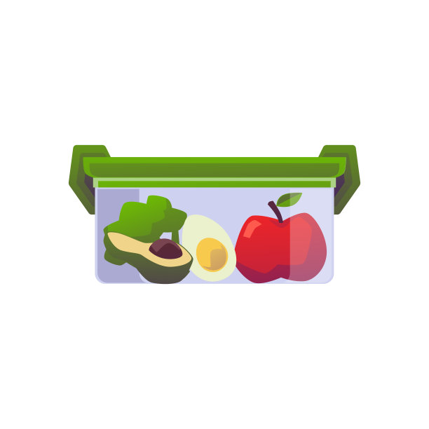 塑料饭盒，里面有鳄梨、鸡蛋、西兰花和苹果，平面矢量插图孤立在白色背景上。图片下载