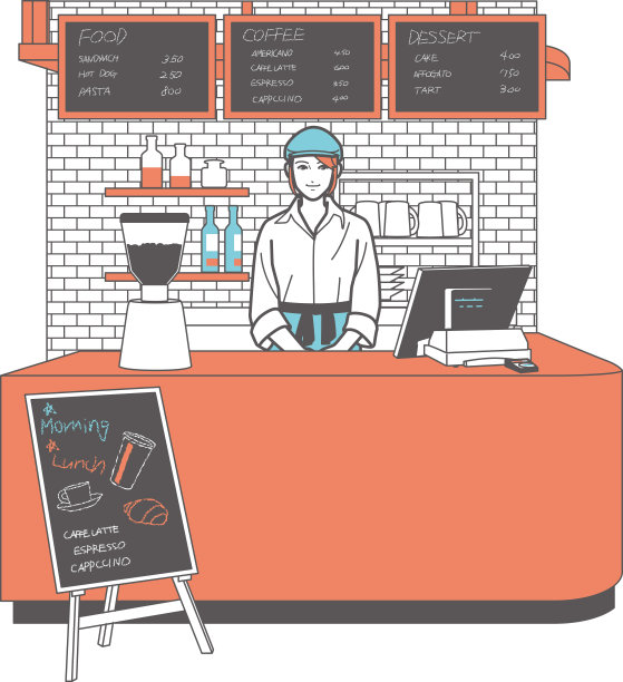 A female waitress stands inside a café checkout counter. Panoramic view.图片下载