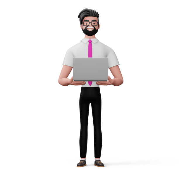 快乐的商人与笔记本电脑，3d渲染图片下载