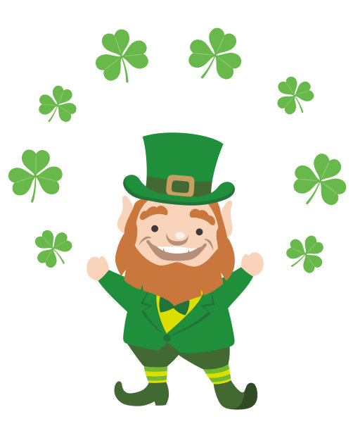 矢量圣帕特里克节符号字符与快乐的微笑和三叶草叶子围绕着他。图片下载