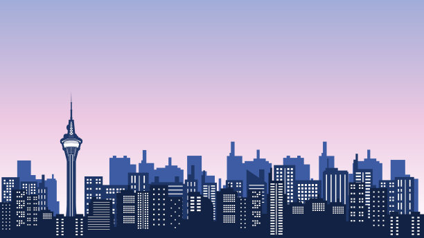 城市剪影全景，许多高楼大厦和购物中心围绕澳门塔图片下载