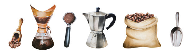用于制作咖啡的水彩画插图。包括间歇泉咖啡机和chemex，黄麻咖啡袋。手绘在白色孤立的背景。为设计师，菜单，商店，酒吧，小酒馆，餐厅，明信片，包装纸，封面。海报a图片下载