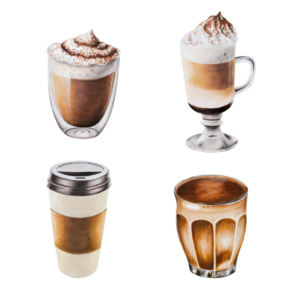 水彩画咖啡在瓷杯。手绘意式浓缩咖啡，美式咖啡，拿铁，拉夫，带走咖啡，摩卡在白色孤立的背景上。为设计师，菜单，商店，酒吧，小酒馆，餐厅，明信片，包装纸，封面。海报及图片下载