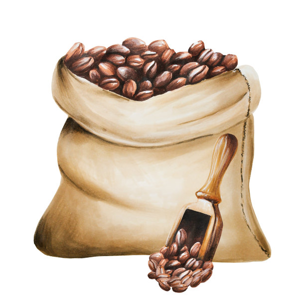 水彩画的黄麻咖啡袋与木勺。手绘在白色孤立的背景。为设计师，菜单，商店，酒吧，小酒馆，餐厅，明信片，包装纸，封面。海报及纺织品图片下载