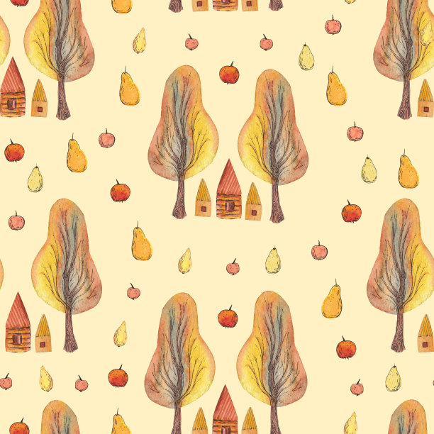 水彩无缝手绘图案与秋天的黄色和红色的树木和小房子周围的苹果和梨图片下载