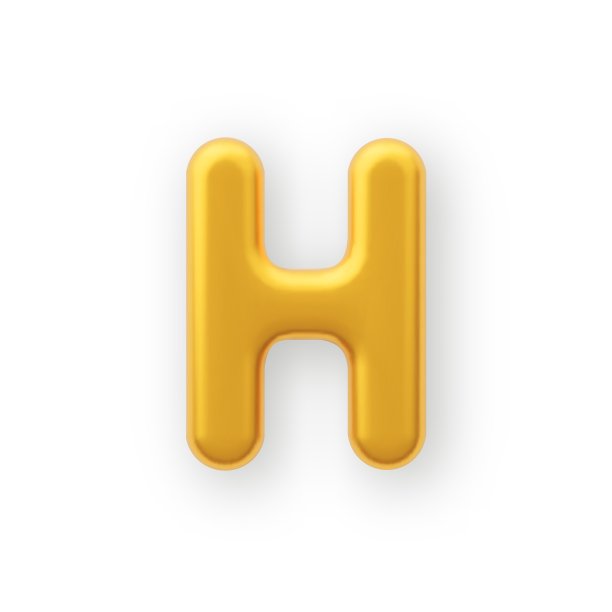 3D金色大写字母H，白色背景。图片下载