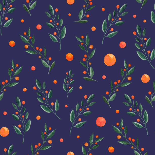 水彩无缝手绘花卉图案与抽象的红色和橙色浆果和绿叶图片下载