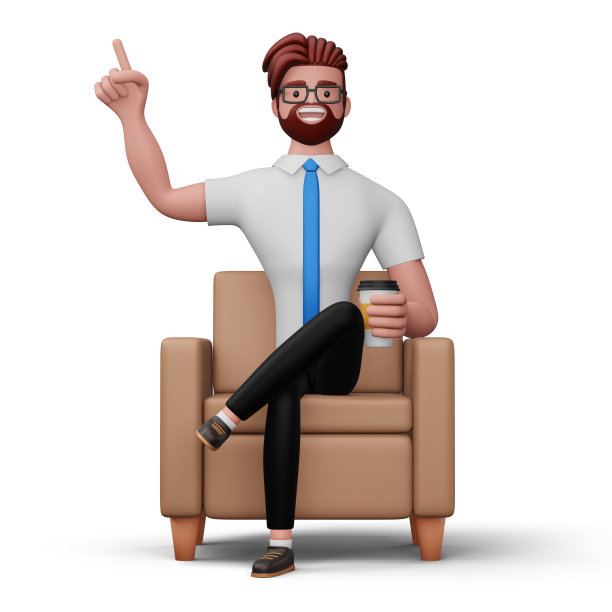 快乐的商人坐在沙发上用咖啡杯指指点点，3d渲染图片下载