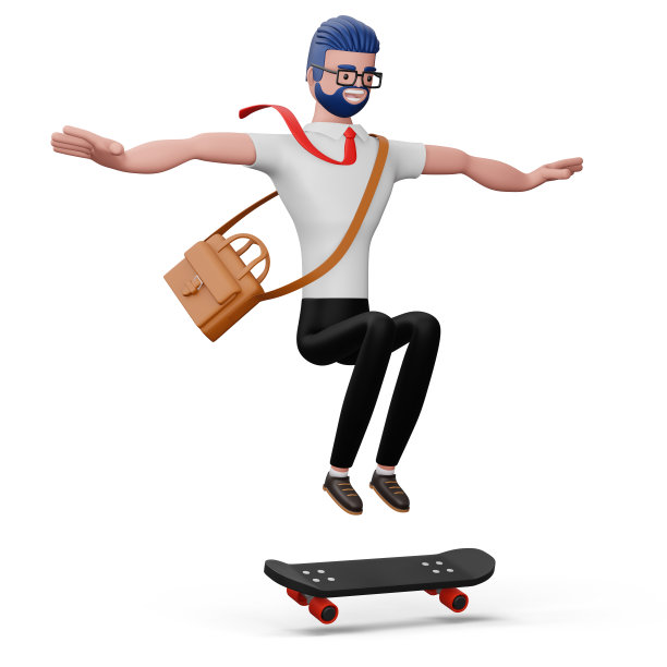 快乐的商务男士用工作包跳滑板，3d渲染图片下载
