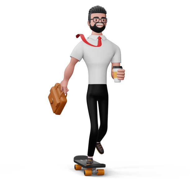 快乐的商人在滑板上的咖啡杯，3d渲染图片下载