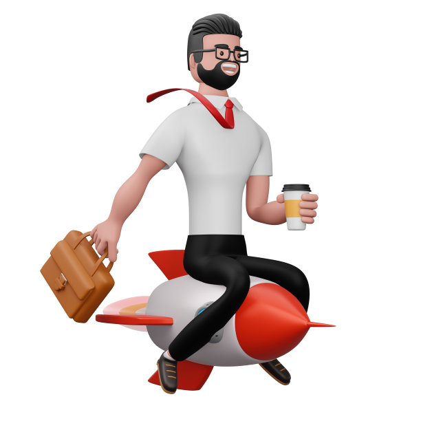 快乐的商人在火箭上的咖啡杯，3d渲染图片下载