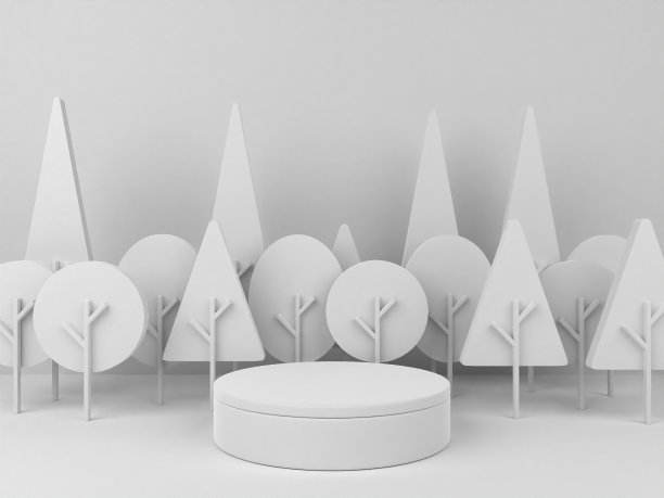 三维极简主义平台与白色树背景的产品展示。自然背景与柔和的颜色和空讲台。3 d渲染。图片下载