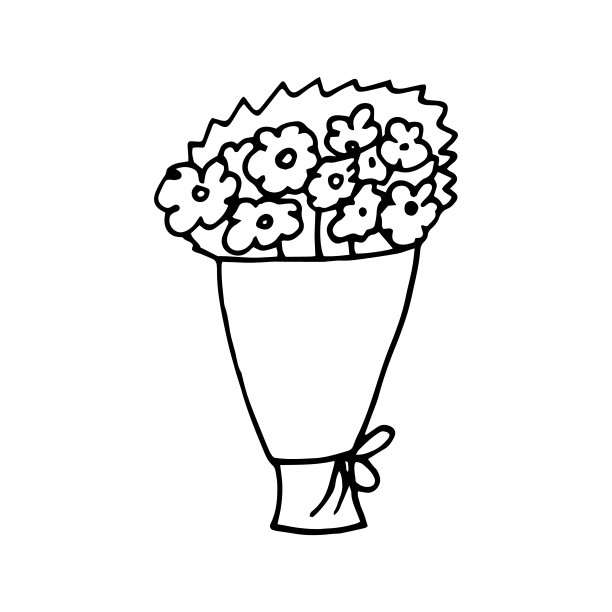 一束花在包装手画涂鸦风格。简单的极简主义线条艺术。单色图标。图片下载